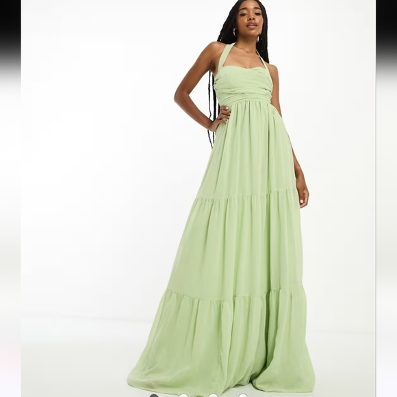 ASOS Dresses & Skirts - ASOS DESIGN Tall ruched bodice halter tiered maxi dress Sage green Wedding Y2K